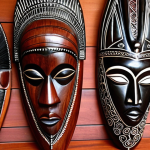 **Malawian Wood Carvings:** Intricate carvings of animals and ceremonial masks made from ebony and rosewood, showcasing traditional Malawian artistic techniques. The style should be realistic with a focus on the detail of the wood texture.