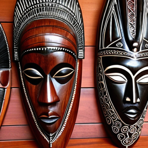 Home 4 **Malawian Wood Carvings:** Intricate carvings of animals and ceremonial masks made from ebony and rosewood, showcasing traditional Malawian artistic techniques. The style should be realistic with a focus on the detail of the wood texture.