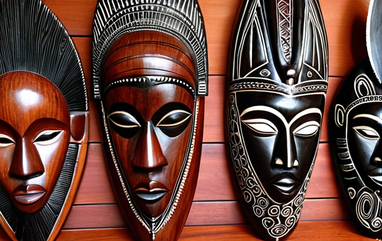 **Malawian Wood Carvings:** Intricate carvings of animals and ceremonial masks made from ebony and rosewood, showcasing traditional Malawian artistic techniques. The style should be realistic with a focus on the detail of the wood texture.