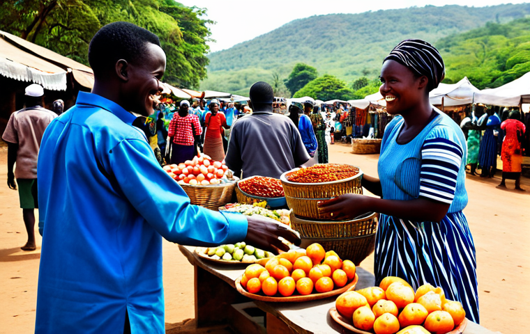 A solo traveler, fully clothed in modest, comfortable travel attire, respectfully engaging with local Malawian artisans at a vibrant outdoor market near Lake Malawi. The scene captures a warm, friendly interaction, with smiles and natural poses. Market stalls display handcrafted goods, reflecting local culture. The background shows glimpses of the Malawian landscape. safe for work, appropriate content, fully clothed, family-friendly, perfect anatomy, correct proportions, natural pose, well-formed hands, proper finger count, natural body proportions, professional photography, high quality, diffused natural light.