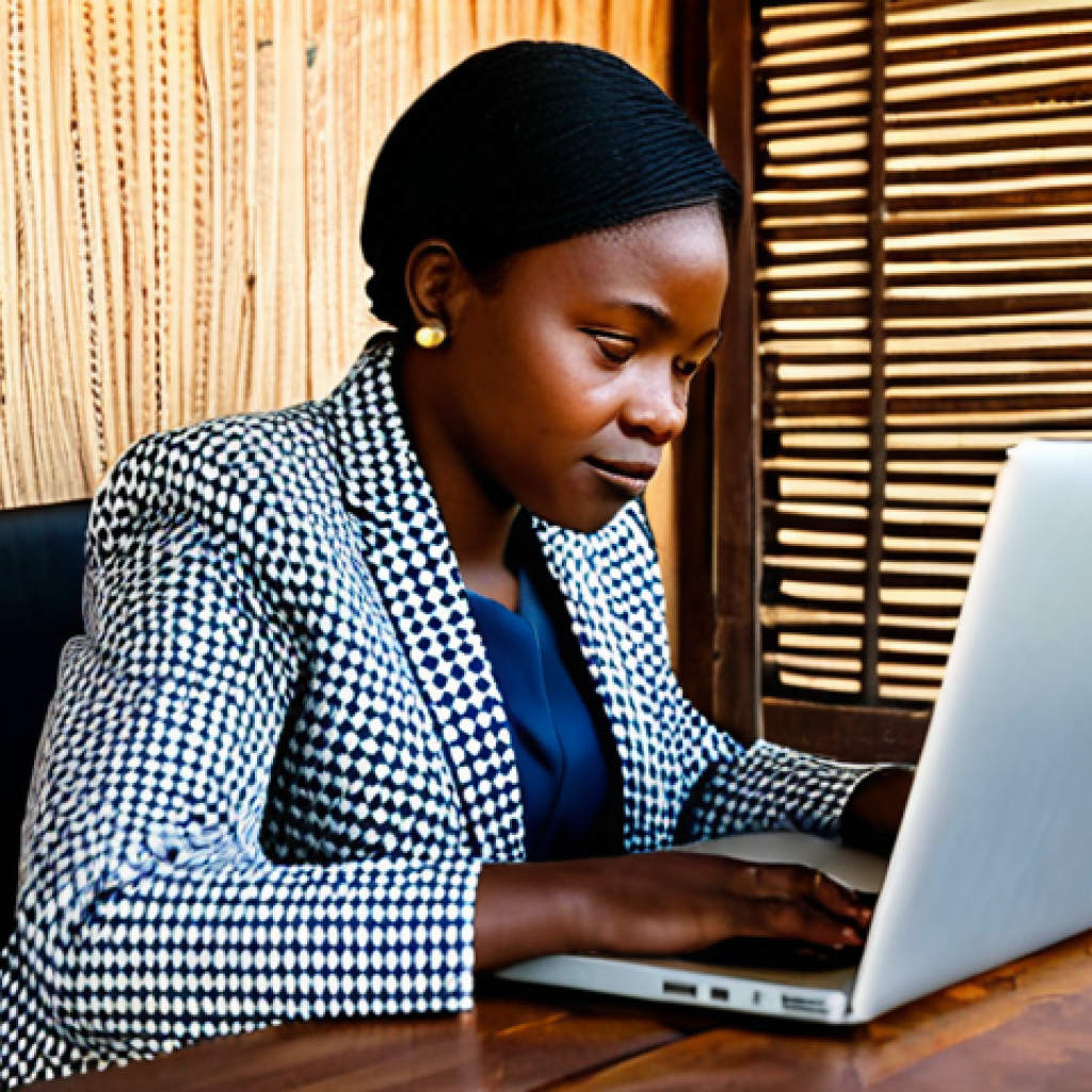 A professional Malawian female writer in a modest, culturally appropriate business suit, seated at a rustic yet organized wooden desk. Her expression is thoughtful as she looks towards a blend of a traditional Malawian storytelling setting (subtle patterns of woven fabrics and local carvings) and a modern, well-lit workspace with an open laptop. The background subtly depicts the transition from rural tranquility to urban development. Perfect anatomy, correct proportions, natural pose, well-formed hands, proper finger count, natural body proportions, professional photography, high quality, fully clothed, appropriate attire, safe for work, modest, family-friendly.