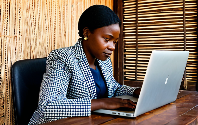 A professional Malawian female writer in a modest, culturally appropriate business suit, seated at a rustic yet organized wooden desk. Her expression is thoughtful as she looks towards a blend of a traditional Malawian storytelling setting (subtle patterns of woven fabrics and local carvings) and a modern, well-lit workspace with an open laptop. The background subtly depicts the transition from rural tranquility to urban development. Perfect anatomy, correct proportions, natural pose, well-formed hands, proper finger count, natural body proportions, professional photography, high quality, fully clothed, appropriate attire, safe for work, modest, family-friendly.