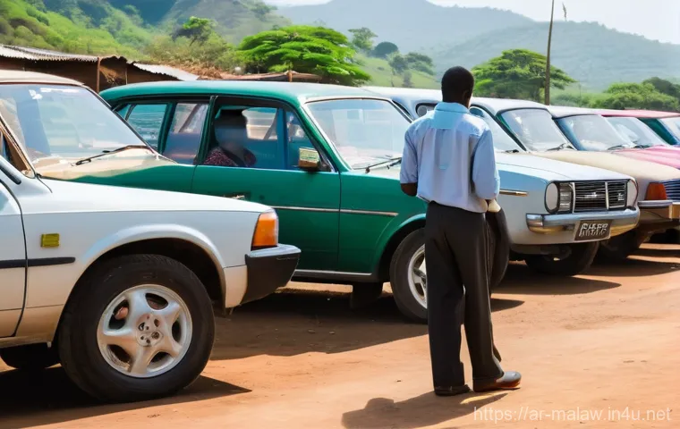 말라위에서 중고차 시장 및 가격 비교 - **Prompt:** A vibrant, sun-drenched scene at a bustling used car dealership in a Malawian town. Dive...
