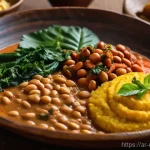 말라위에서의 채식주의자 식사 옵션 - **Vibrant Malawian Vegan Feast:**
    A beautifully arranged, close-up shot of an authentic Malawian...