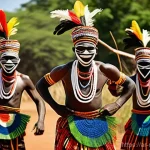 말라위 부족별 특성 - **Prompt:** A vibrant and energetic scene depicting the Chewa tribe performing the "Gule Wamkulu" da...