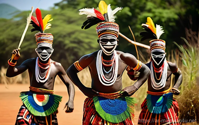 말라위 부족별 특성 - **Prompt:** A vibrant and energetic scene depicting the Chewa tribe performing the "Gule Wamkulu" da...